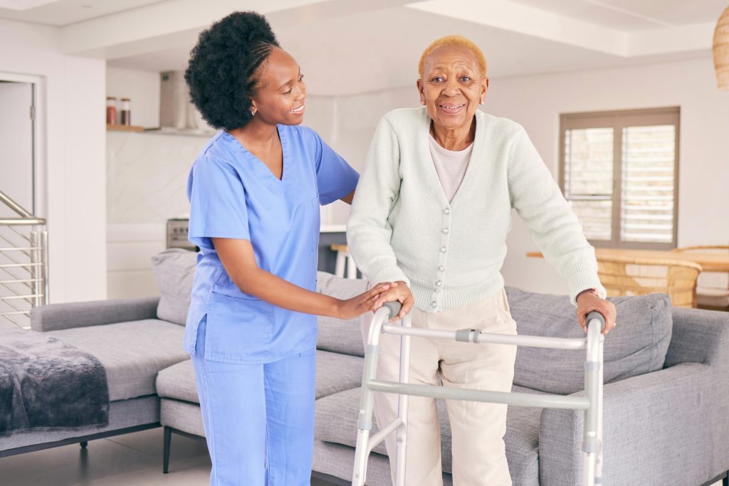 Nurse, elderly woman and walking frame for support, healthcare service and health portrait at home.